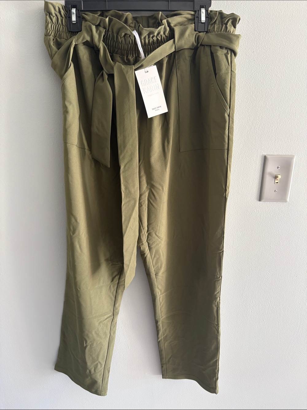 Grace & Karin Olive High-Waist Paperbag Trousers with Tie Belt